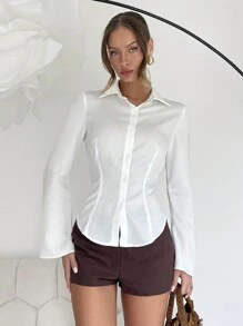 Lumivelle 1pc Solid Color Casual Front Button Elegant Long Flared Sleeves Shirt White Shirt Womenoffice Blouseformal Blousewhite Shirt For Women Fall Cloth For Women