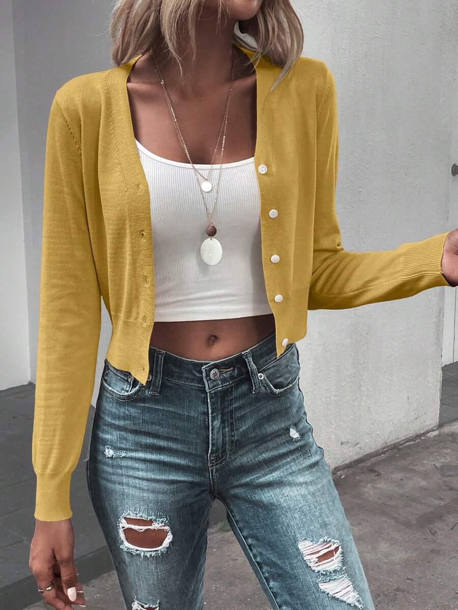 SHEIN LUNE Áo Cardigan lửng cài nút phía trước màu trơn giản dị mùa thu - Màu vàng - Xem 1