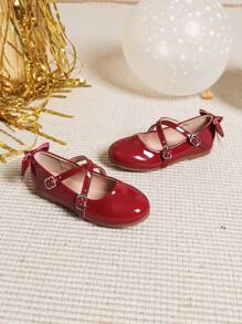 秋冬季女孩可爱蝴蝶结平底正装鞋 - 酒紅色 - 查看 4