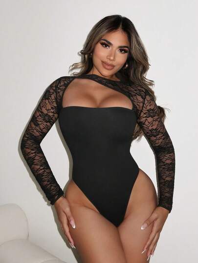 VaVaBold Damspets patchwork asymmetrisk hals ihålig bodysuit, sexig design, höst