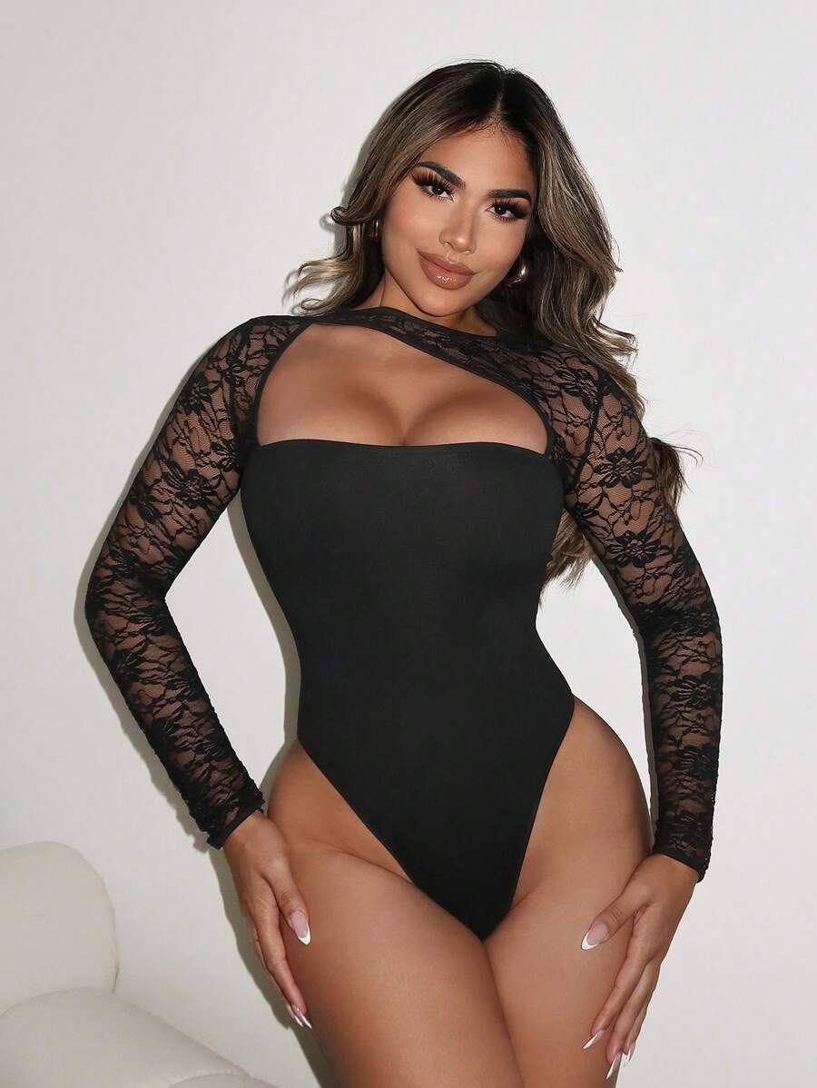 VaVaBold 女士蕾丝拼布不对称领口镂空紧身衣，性感设计，秋季