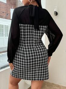 Celure Plus Size Plaid Print Button Collar Elegant Long Sleeve Dress