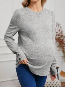 SHEIN Casual Comfortable Crew Neck Long Sleeve Button Design Maternity T-Shirt - Grey - View 4