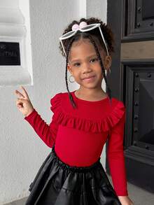 Baby Girl Red Ruffle Hem Ribbed Thick Thermal Lined Long Sleeve Top, Suitable For Winter And Christmas