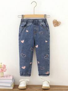 SHEIN Explorewe Vaqueros sueltos y casuales con bordado de corazón tierno para niña