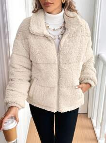 SHEIN Frenchy Áo khoác nữ có túi khóa kéo màu trơn, tay dài mùa đông - Màu be - Xem 10