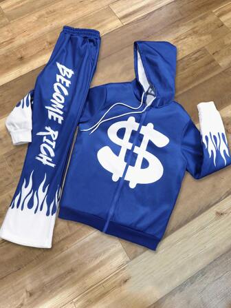Manfinity Roghcode Herren Y2K Stil Jugendlicher Straßen Weiß Buchstaben Wohlhabend Flamme $ Symbol Muster Hoodie Sweatshirt & Hose Set, modische lässige Trainingsanzug, Herren Zweiteiler, Herren Trainingsanzug