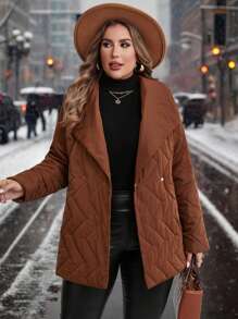 SHEIN Clasi Plus Size Button Front Long Sleeve Minimalist Padded Coat, Elegant For Everyday Wear, Women Winter Clothes - Rust Brown - View 6
