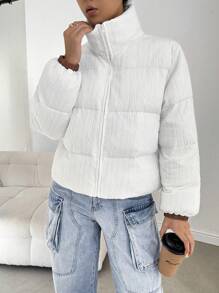 SHEIN Essnce Chaqueta de punto de cable blanca para mujer, chaqueta informal con cremallera holgada, chaleco de cuello redondo de unicolor con cremallera para mujer en otoño/invierno. Cálida y fácil de combinar, adecuada para uso diario, ir a trabajar, en casa, etc. - Blanco - Ver 15