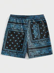 Manfinity BRENVOR 男士度假风格抽绳腰部佩斯利围巾印花短裤，夏季 - 藍色 - 查看 2