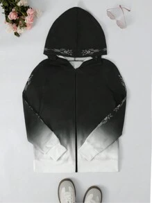 女式复古哥特式时尚维京图案渐变色拉链休闲连帽衫 - 黑與白 - 查看 1