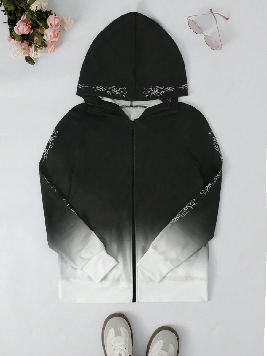 女式复古哥特式时尚维京图案渐变色拉链休闲连帽衫 - 黑與白 - 查看 1