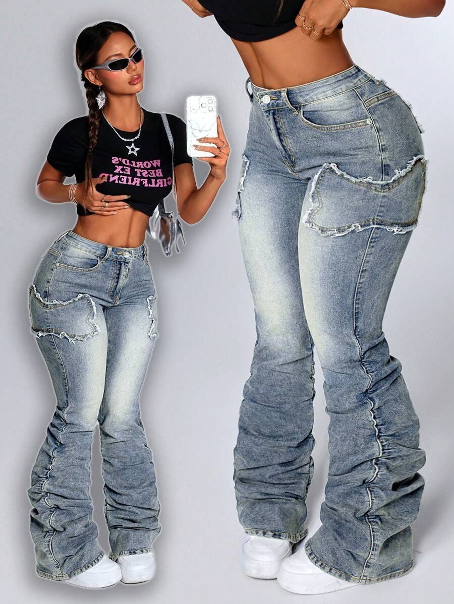 SHEIN ICON Women's Patchwork Fringe Ruffle Flare Fashionable Casual Versatile Stacked Jeans - Blue - View 1