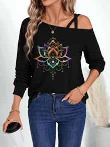 SHEIN LUNE 1 chiếc áo thun dài tay thường ngày họa tiết hoa sen nhiều màu cổ điển dành cho nữ, tay rộng có cổ, mùa xuân/hè - màu đen - Xem 4