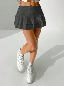 Muchica Váy mini xếp nếp lưng thấp màu trơn gợi cảm - Màu xám đen - Xem 7