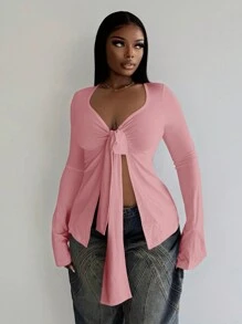 Slaydiva Áo thun dài tay thường ngày xẻ tà trước màu trơn cho nữ - Hồng - Xem 3