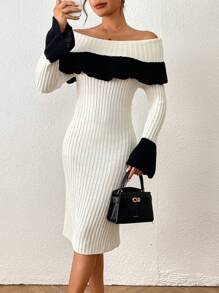 Chiquease Contrast Color V-Neck Ribbed Knit Elegant Long Sleeve Dress Fall Cloth For Women - Black and White - View 1
