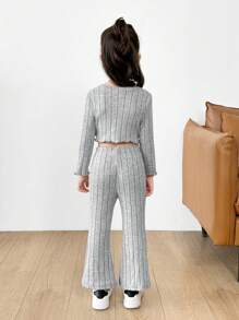 SHEIN Leap Crew Cô Gái Trẻ Dệt kim Màu thuần Vòng cổ Phù hợp Giải trí Áo Và Dệt kim Màu thuần Phù hợp Bùng nổ Quần Bộ - Xám - Xem 2