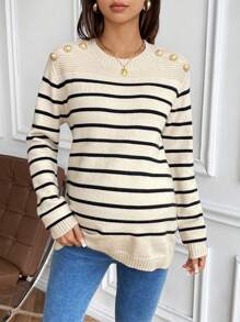 SHEIN 孕妇条纹圆领纽扣装饰长袖休闲针织毛衣，秋冬