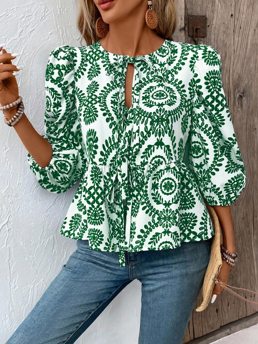 Breezaya Front Tie Neck All-Over Print Ruffle Hem Blouse - Green - View 1