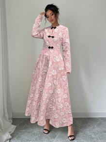 Elenzga 优雅花卉提花纽扣细节长裙，季节性穿着长款女装 - 粉色 - 查看 3