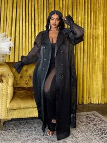 Slaydiva Trench-coat haute gamme en satin transparent pour femmes grandes tailles, pour l'automne - Noir - Voir 4