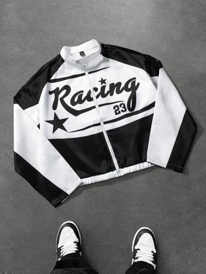 PAVTROS Manfinity Streetrush Men's Streetwear-Inspired Racing Element Black And White Letter Pattern Positioning Print Zip-Up Stand-Up Collar Short Racing Jacket With College Style, Jersey Jacket, Fall And Winter Men Going Out Fashion Graphic Long Sleeve Color Block Racing Jacket, For Friends, Husband, Boyfriend Gifts