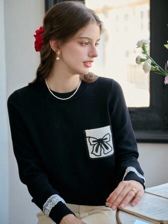 SHEIN Black Friday x Star Picks Simple Retro Ladies' Round Neck Color Block Patchwork Pumpkin Halloween Pullover Sweater