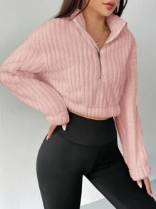 SHEIN EZwear 秋冬半拉链落肩短款卡其色卫衣、长袖上衣 - 粉色 - 查看 5