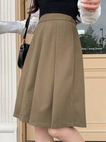 DAZY Women Casual Solid Color Pleated Skirt, Autumn/Winter - Brown - View 6