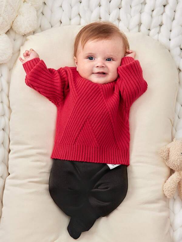 SHEIN Neugeborene Baby Jungen/Mädchen Lässig Süß Neuheit Rote Rundhals Warmer Strickpullover, geeignet für Herbst/Winter, als Layering, für Innen/Außen, Weihnachtsparty, Baby Shower