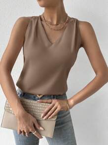 RosyDaze Simple V-Neck Elegant Casual Shiny Fabric Tank Top, Summer