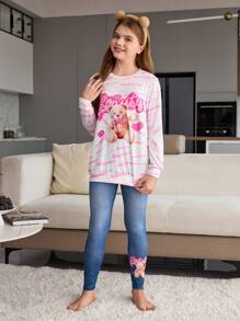 2 Stücke Homewear-Set für Tween Mädchen, lässig, rosa Bären-Print, lockeres Sweatshirt und blaue lange Hosen - Verschiedenfarbig - Übersicht 3