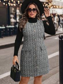 SHEIN Clasi Plus Size Elegant Plaid Front Button Sleeveless Dress, Autumn