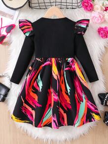 SHEIN Young Girl Knitted Solid Color Round Neck Peplum Hem Floral Patchwork Casual Dress - Multicolor - View 2