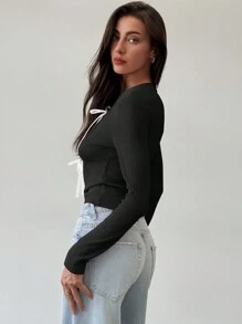 Aloruh Crew Neck Long Sleeve Basic Tee With Bow Ribbon Decor, For Autumn/Winter