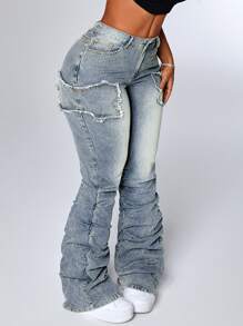 SHEIN ICON Women's Patchwork Fringe Ruffle Flare Fashionable Casual Versatile Stacked Jeans - Blue - View 5
