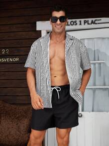 Horizaway 男士全印花翻领短袖衬衫和抽绳腰短裤沙滩装，夏季