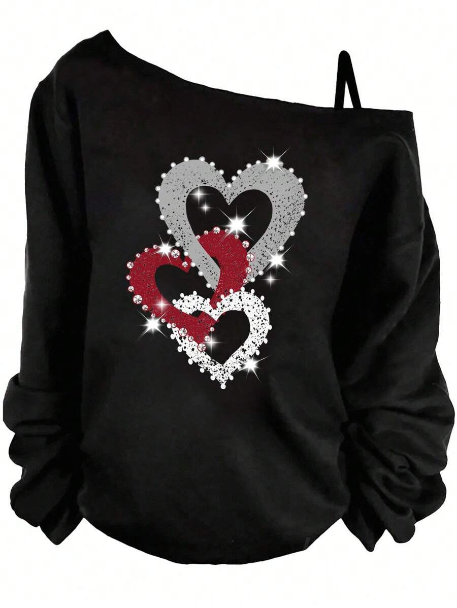 SHEIN LUNE Áo thun hở vai in hình trái tim tối giản thường ngày cỡ lớn, mùa xuân/thu - Nhiều màu - Xem 1