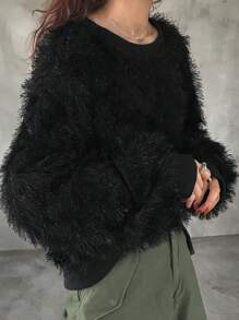 FRIFUL Women's Fashionable Loose Fuzzy Fabric Sweatshirt, Autumn/Winter - Black - View 1