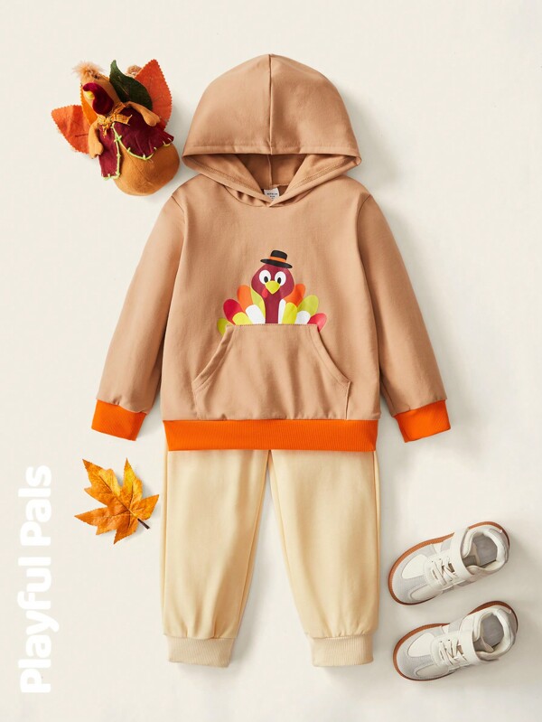 SHEIN 2pcs Young Boys Cute/Vintage/Fun/Cartoon Turkey Print Hoodie Sweatshirt & Pants Set, Thanksgiving Spring/Autumn/Winter
