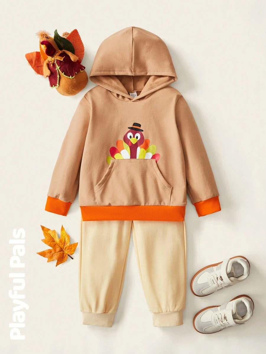 SHEIN 2pcs Young Boys Cute/Vintage/Fun/Cartoon Turkey Print Hoodie Sweatshirt & Pants Set, Thanksgiving Spring/Autumn/Winter - Multicolor - View 1