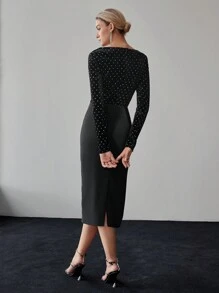 MOTF PREMIUM DOT PRINT VELVET BODICE COWL NECK MIDI DRESS - Black - View 5