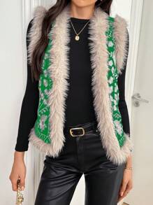 SHEIN Clasi Abrigo acolchado sin mangas con parches florales y bordados para mujer, ropa de invierno - Verde - Ver 4