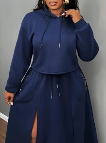Slaydiva 2pcs Plus Size Women Sports Style Solid Color Long Sleeve Hoodie And Split Hem A-Line Skirt Set