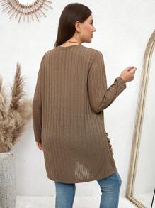 SHEIN LUNE Plus Size Solid Color Long Sleeve Cardigan With Pockets, Minimalist Casual Outerwear Plus Size Fall Clothes - Coffee Brown - View 2