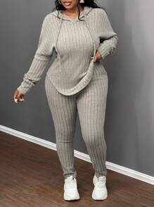 Slaydiva Set de 2 piezas Conjunto de sudadera con capucha elástica acanalada de terciopelo verde oliva y pantalones jogger de talla grande, para otoño/invierno