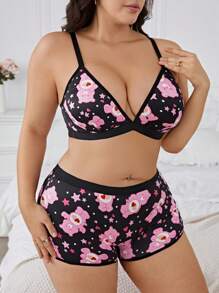 SHEIN X Care Bears Plus Size Black & Pink Sexy & Comfy Bikini Bra And Panty Underwear Set, Kawaii