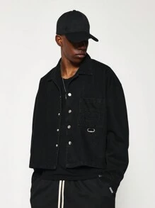 SUMWON Cropped Long Sleeve Denim Shirt With Embossed Pocket Detail - Black - View 1