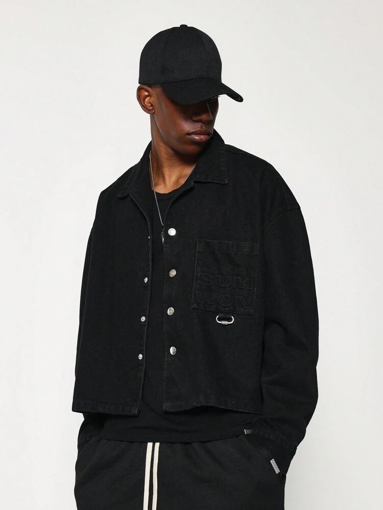 Cropped Long Sleeve Denim Shirt With Embossed Pocket Detail